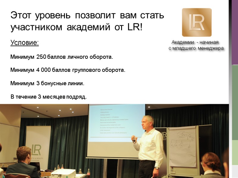 Этот уровень позволит вам стать участником академий от LR! Условие:   Минимум 250